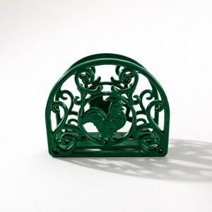 VINTAGE FARMHOUSE COUNTRY‎ STYLE ROOSTER PAPER NAPKIN HOLDER GREEN WROUGHT IRON